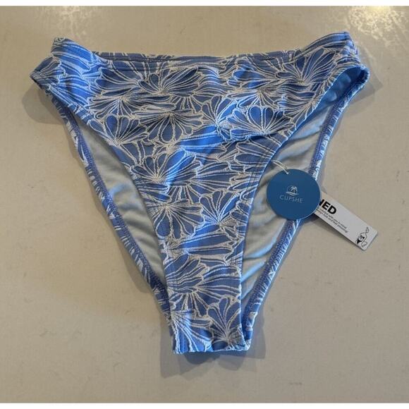 CUPSHE Bikini Bottom Size Medium High Cut Textured Floral Blue White Swim Resort - Picture 1 of 7